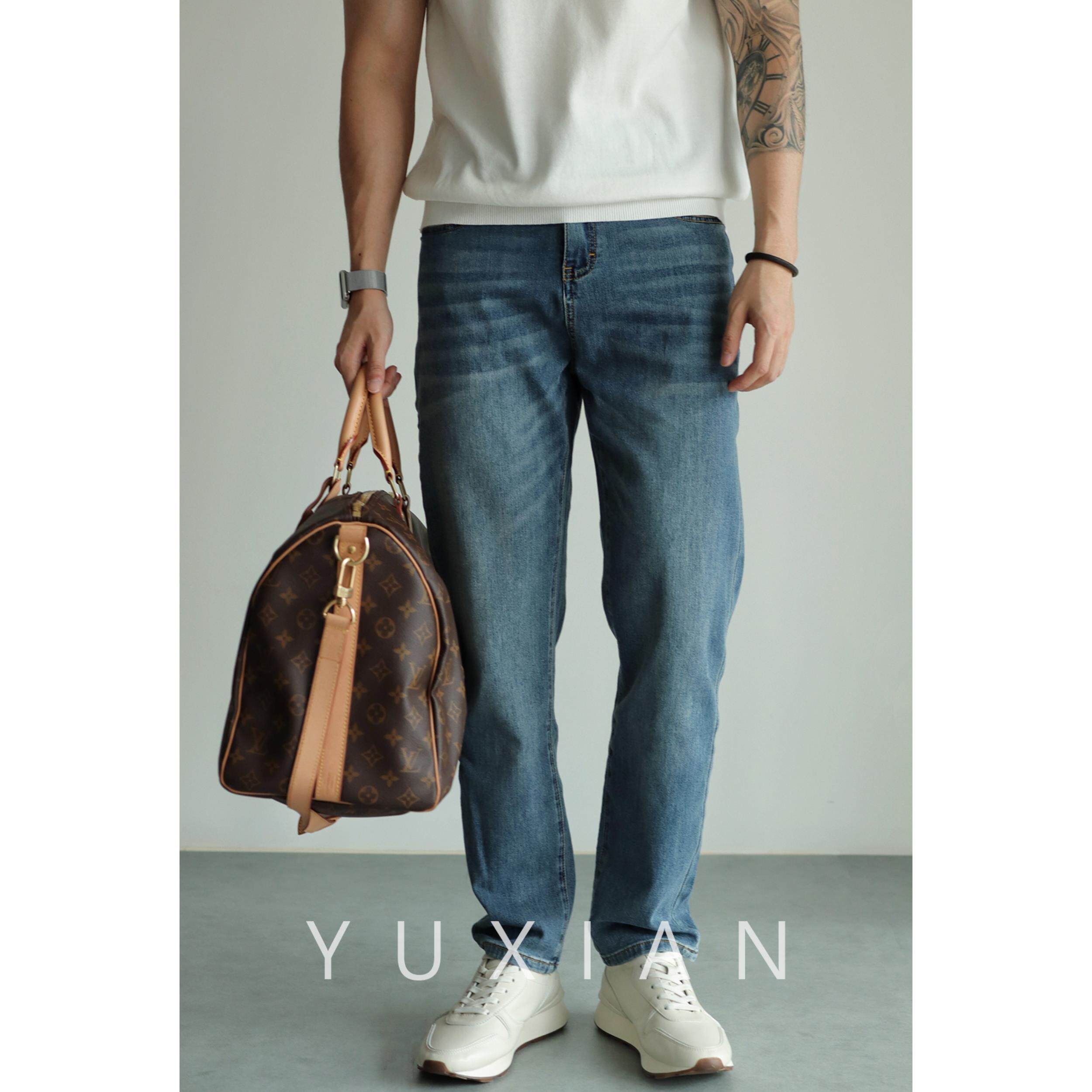 YUXIAN余闲零束缚弹力水洗牛仔裤九分长裤直筒修身薄款男士春秋季