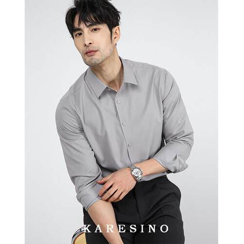 KARESINO男士高端抗皱灰色衬衫男修身长袖商务休闲高级感免熨烫衬