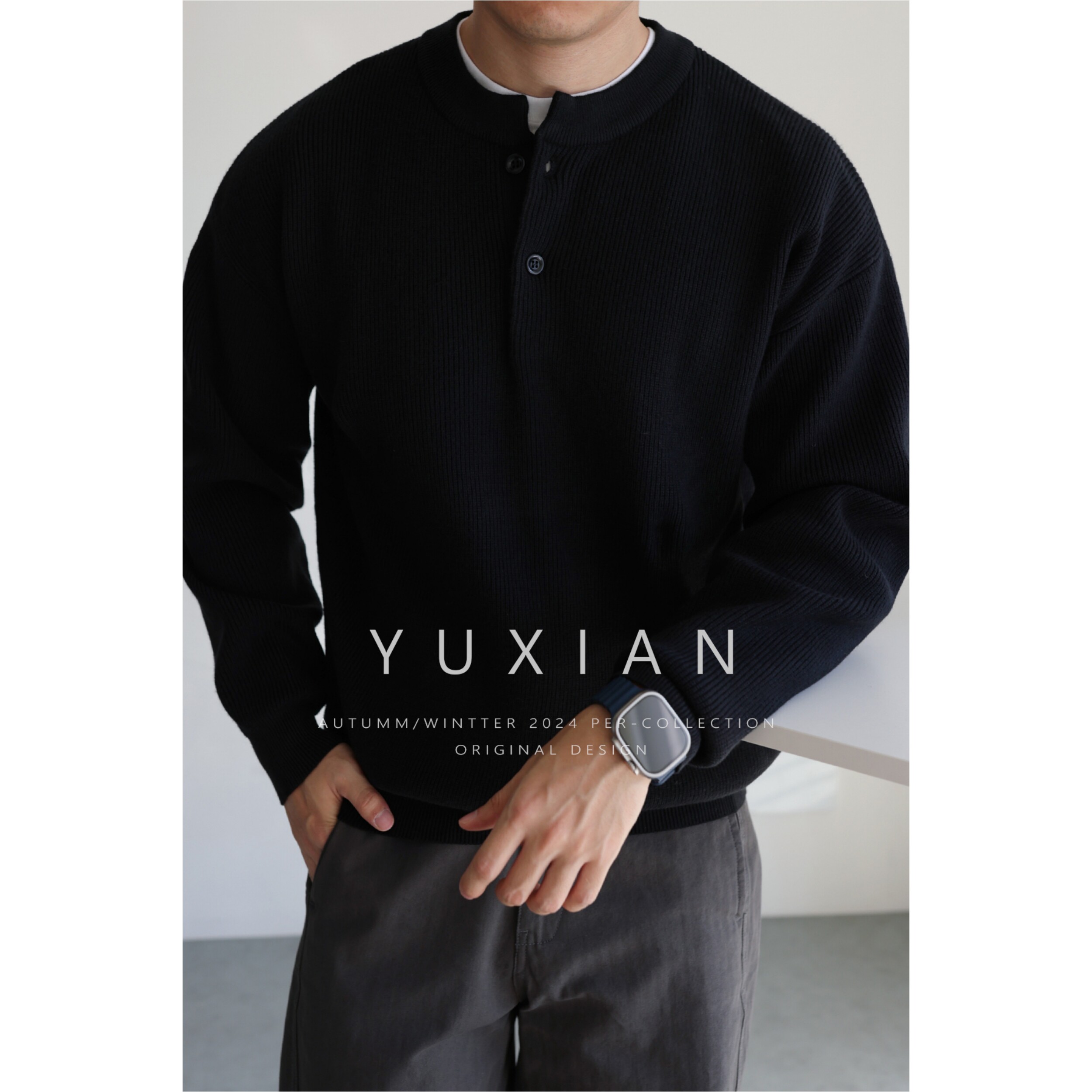 YUXIAN美式重磅针织亨利领抗起球毛衣休闲通勤纯色长袖男士秋冬季