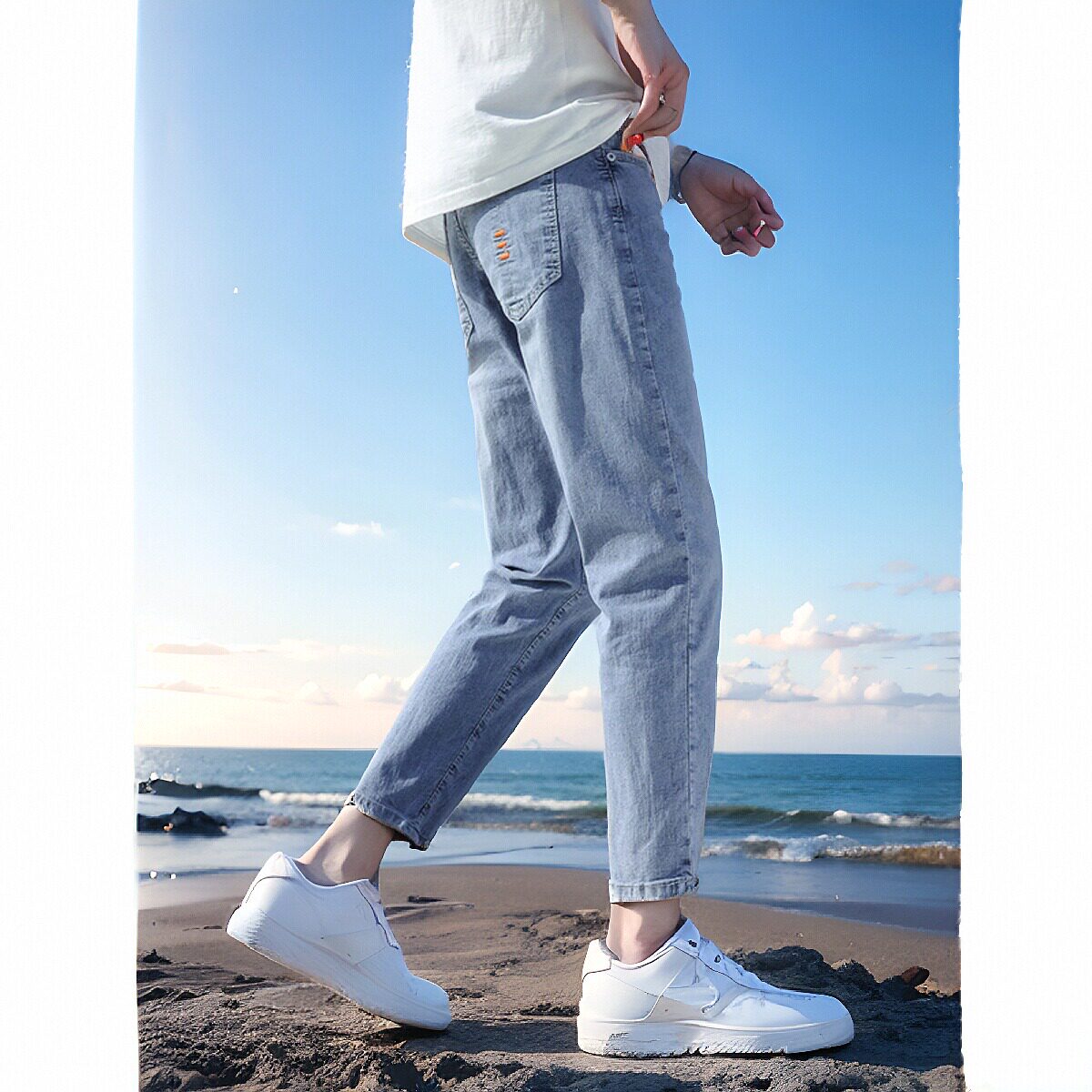 秋季浅色牛仔裤男士宽松九分休闲修身9分长裤子潮牌薄款小脚弹力