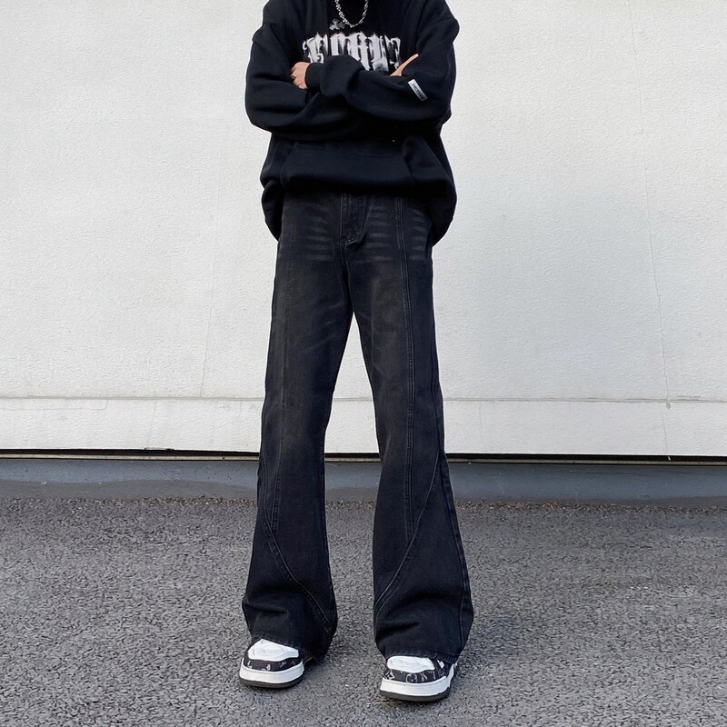 美式高街复古水洗做旧cleanfit黑色牛仔裤男直筒宽松微喇vibe裤子