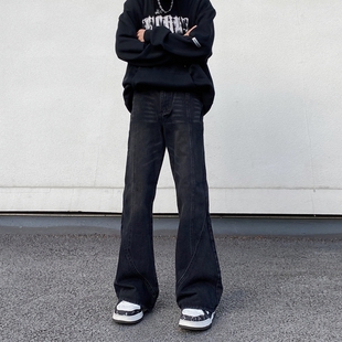 美式高街复古水洗做旧cleanfit黑色牛仔裤男直筒宽松微喇vibe裤子
