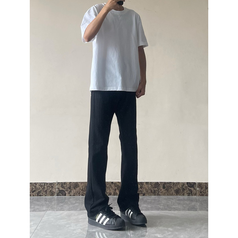 E23 纯色微喇牛仔裤宽松直筒中性男牛仔裤休闲复古女国潮高街黑色