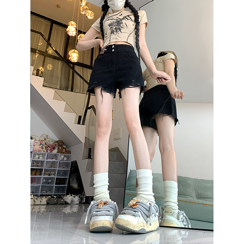 黑色破洞牛仔短裤女夏季新款胖mm大码高腰a字阔腿裤宽松毛边热裤