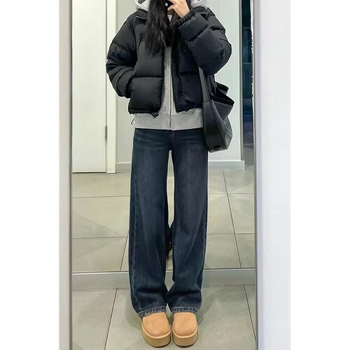 蓝灰色直筒牛仔裤女春夏2026新款大码梨形身材宽松显瘦窄版阔腿裤