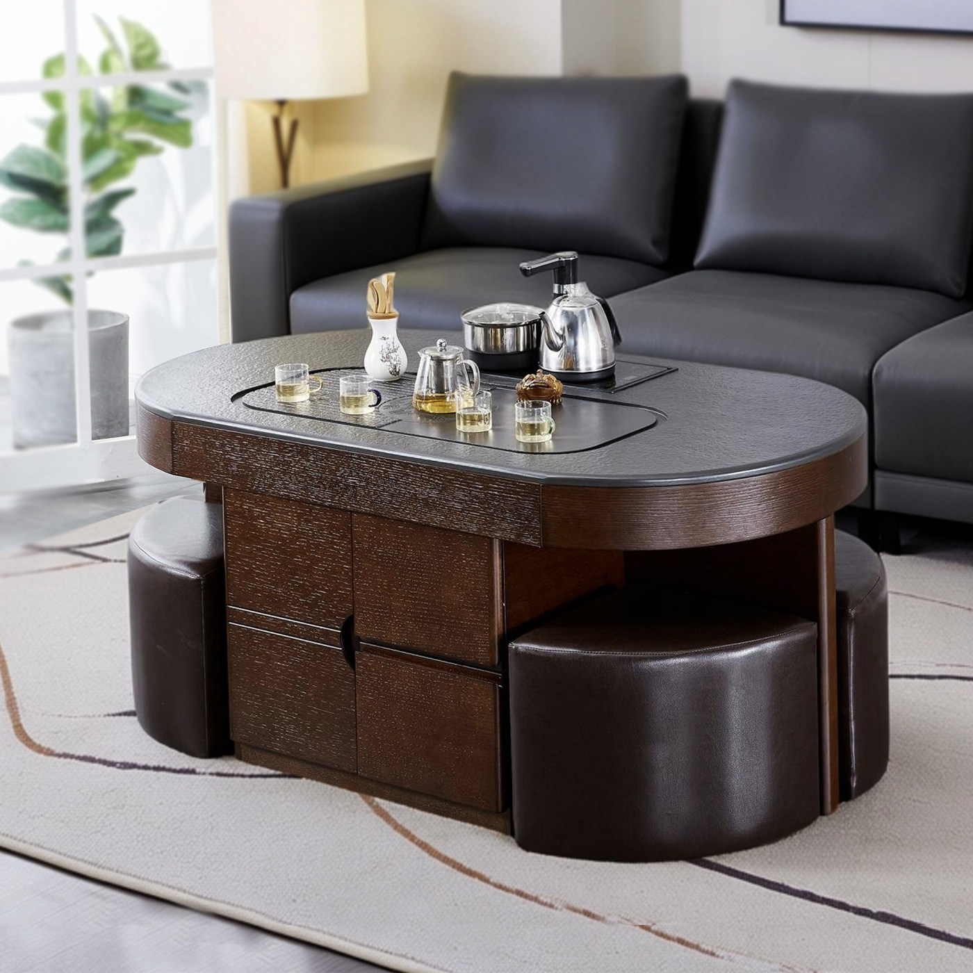 新中式椭圆形茶桌椅组合火烧石茶台一体简约客厅办公家用茶几60高