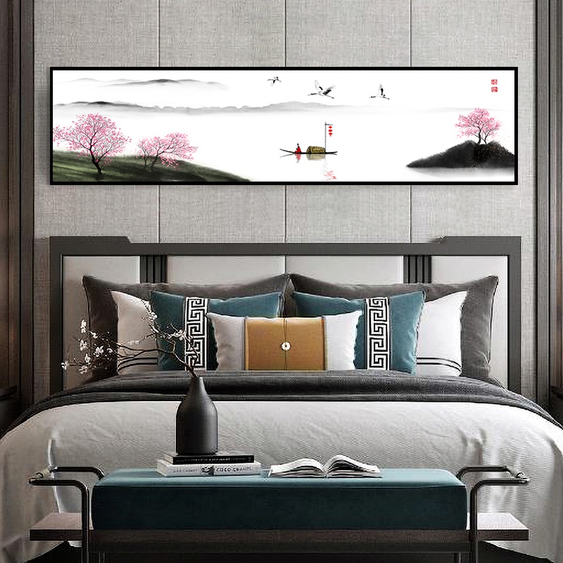 新中式客厅装饰画茶室禅意挂画横幅水墨山水画卧室床头壁画办公室