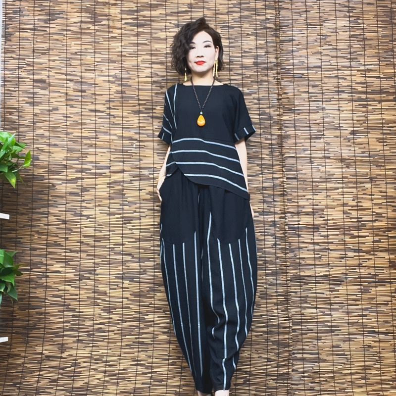 2023夏款条纹哈伦裤套装女宽松大码洋气显瘦不规则休闲短袖两件套