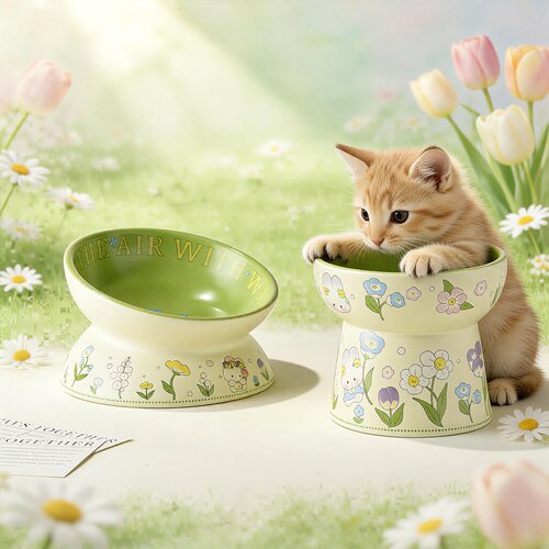 绿兔子花边猫碗防黑下巴猫罐头食盆陶瓷狗粮碗猫咪防打翻喂水
