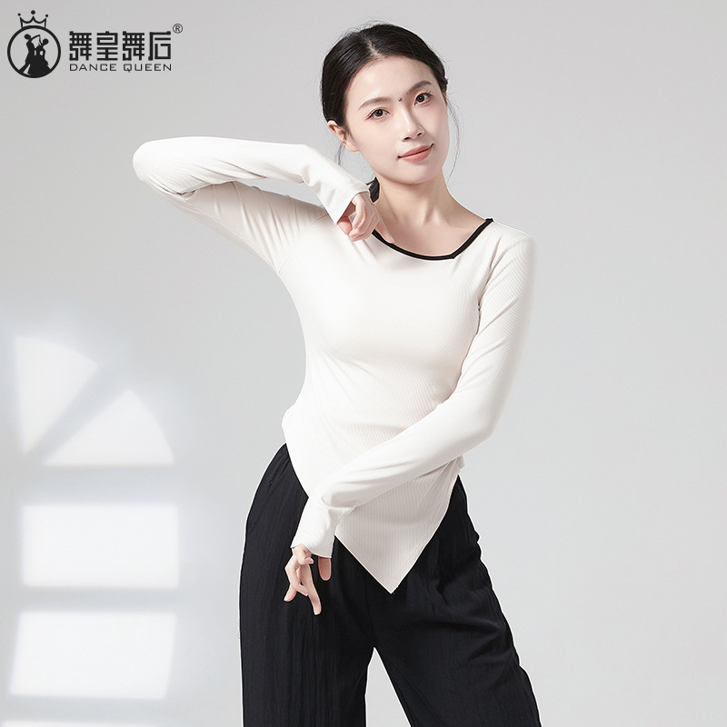 现代舞黑色不规则长袖t恤女2025夏季新款设计感舞蹈服打底衫上衣