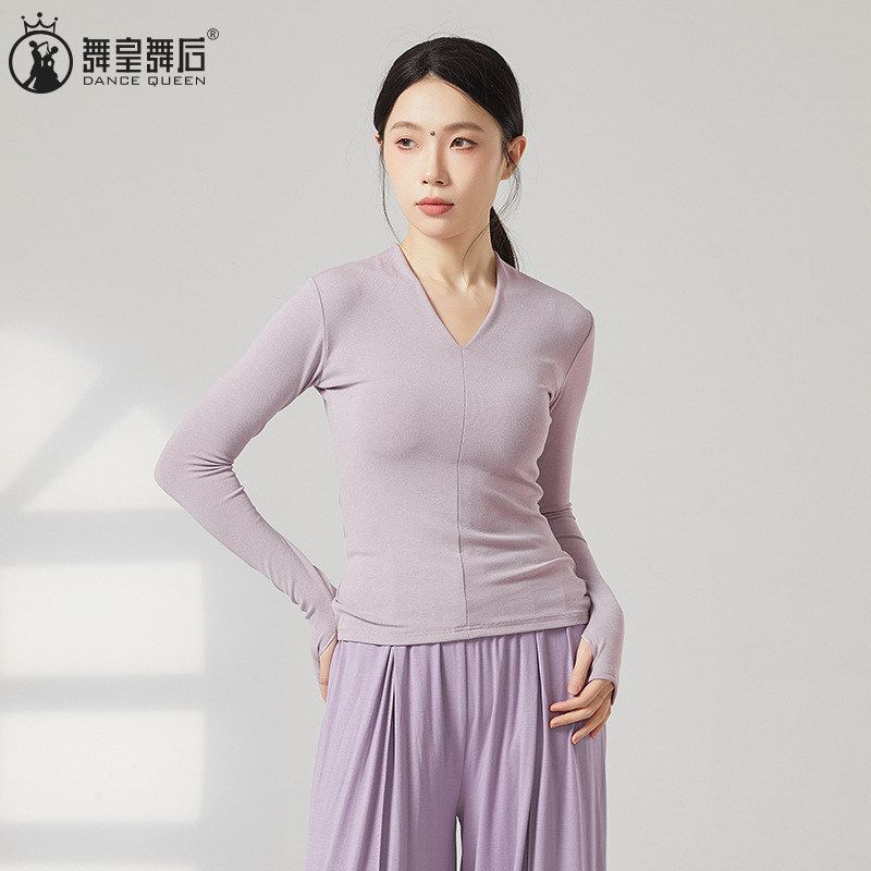 春夏现代舞套指长袖V领背心舞蹈上衣形体服日常修身古典舞练功服