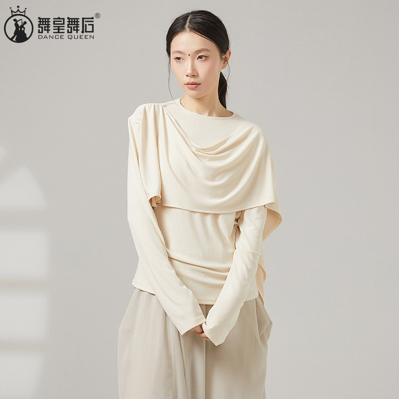 2026春夏新款现代舞飘带披肩拼接设计感舞蹈练功服不规则长袖上衣