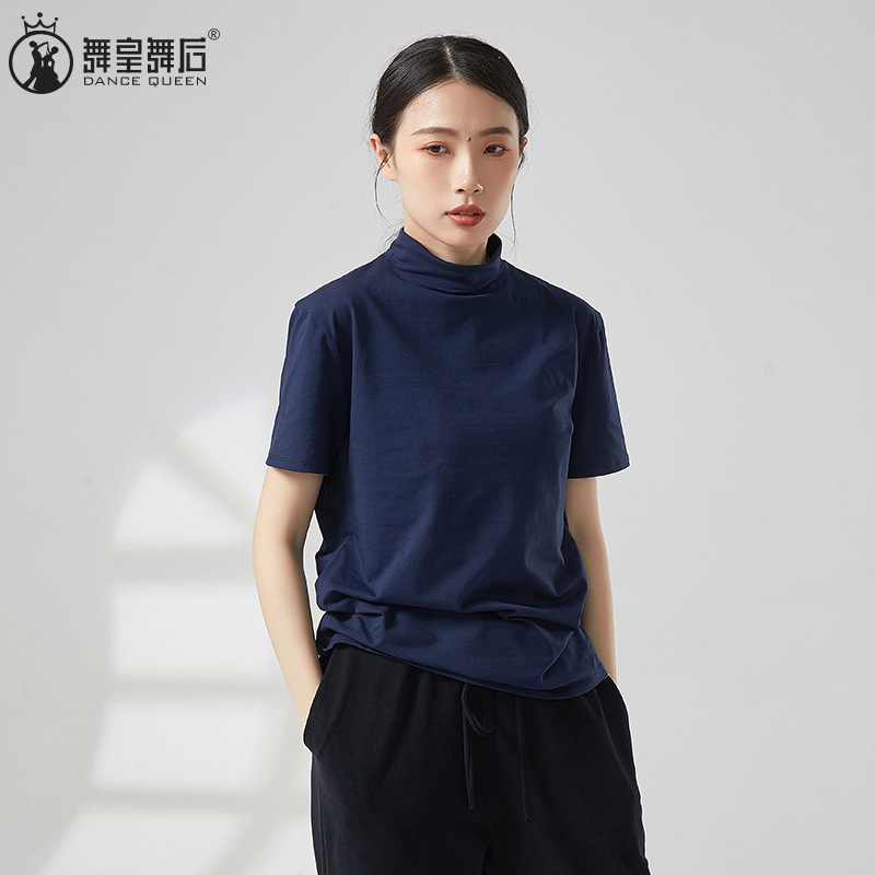 2024现代舞蹈练功服黑色小高领修身T恤基训芭蕾古典短袖男女同款-封面