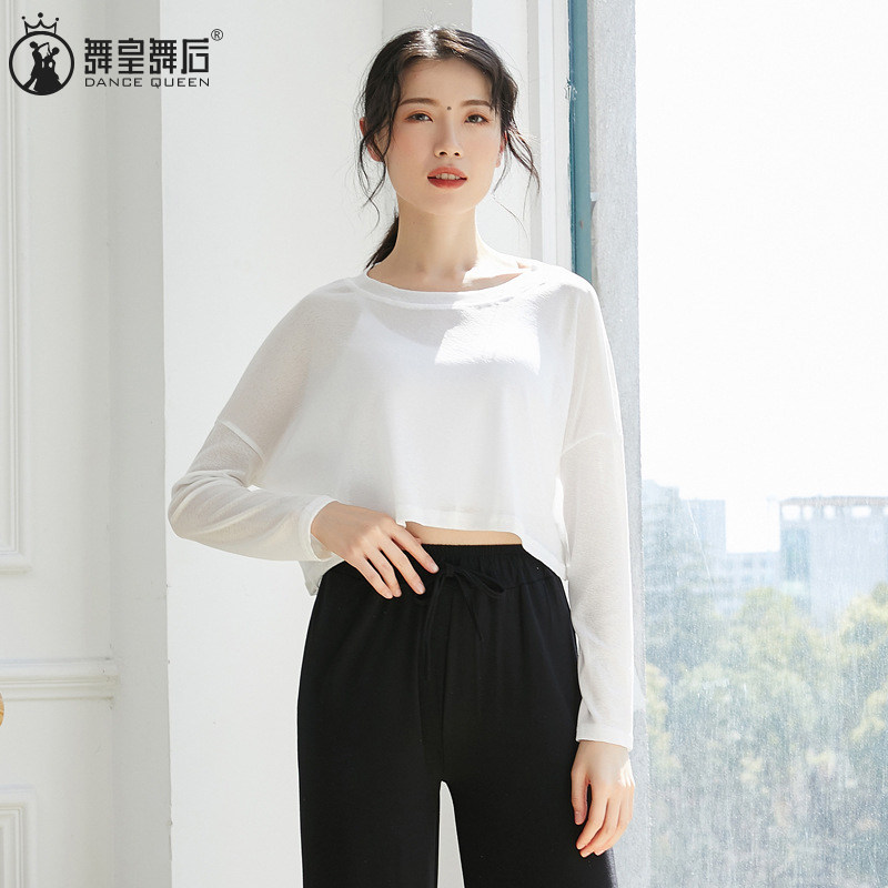 2026春夏现代舞宽松舞蹈罩衫露脐上衣短款舞蹈服露腰长袖T恤女潮