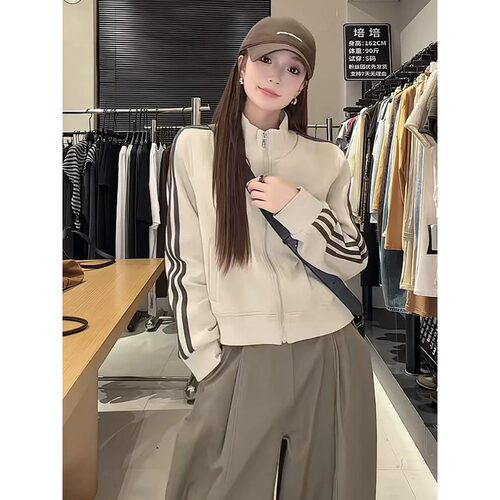 韩系立领拉链三条杠卫衣外套女