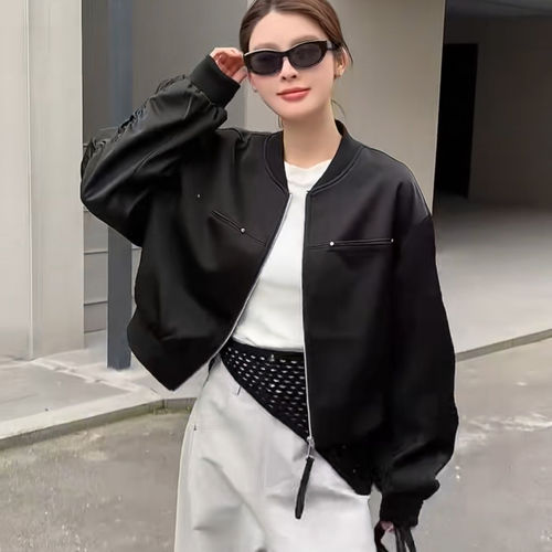 春季新款小个子短款缎面外套