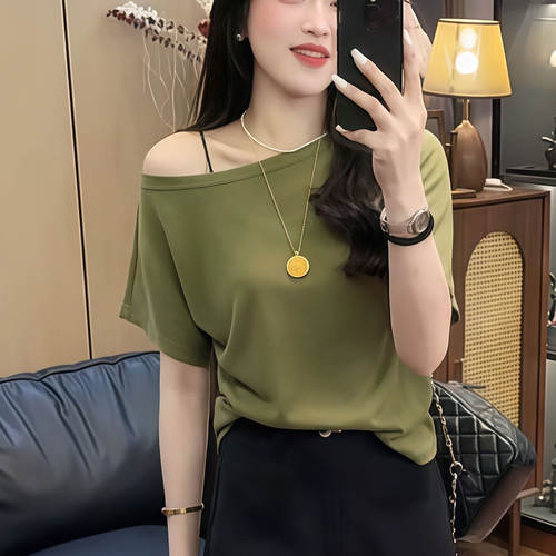 韩式斜肩短袖T恤女宽松显瘦