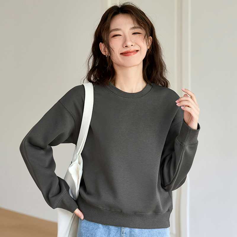 纯色圆领卫衣女2026秋冬新款韩版学生宽松加绒加厚女士百搭打底衫