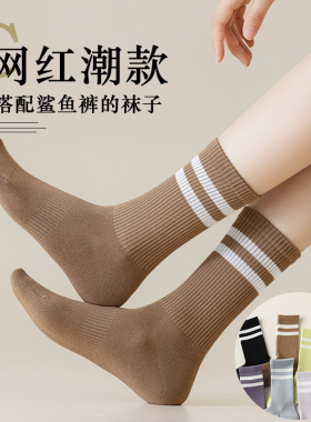条纹袜子女秋季中筒袜25潮外穿网红款运动吸汗防臭长袜配鲨鱼裤
