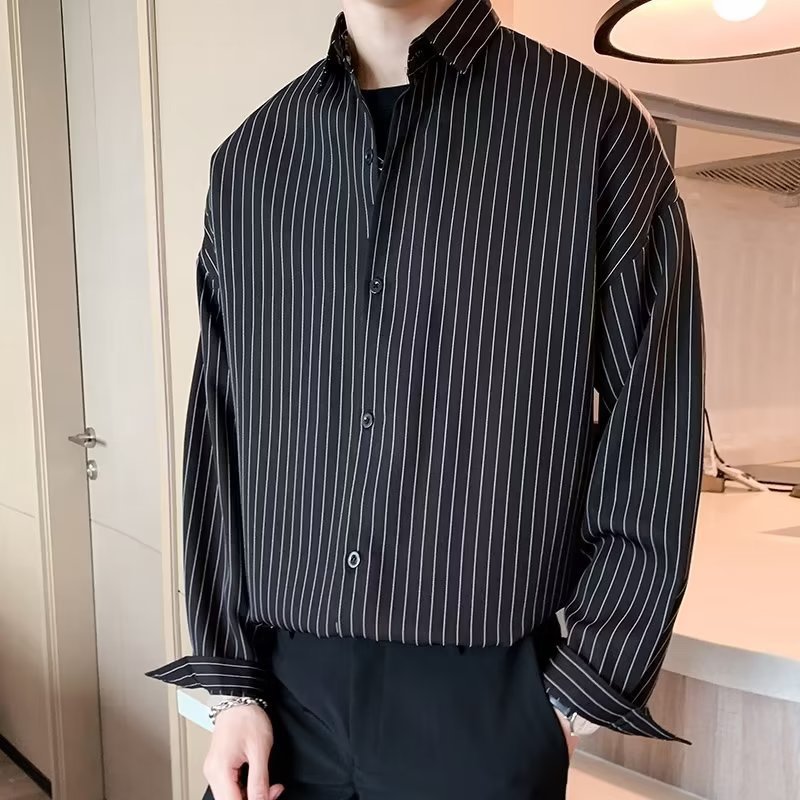 条纹长袖衬衫外套男秋季痞帅潮牌ins休闲衣服韩版潮流男士黑衬衣