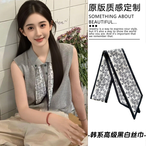 韩系气质黑白腰果花丝巾女