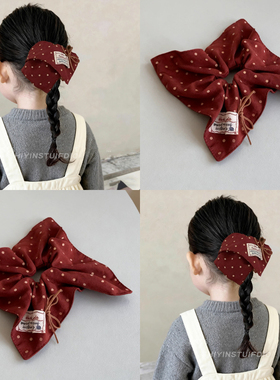 儿童可爱酒红波点撞色方巾发圈秋冬季女童扎马尾头绳宝宝上学发饰