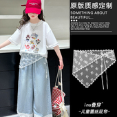 儿童法式 蕾丝三角巾叠穿屁帘田园风女童牛仔裤 腰带配裙子腰封配饰