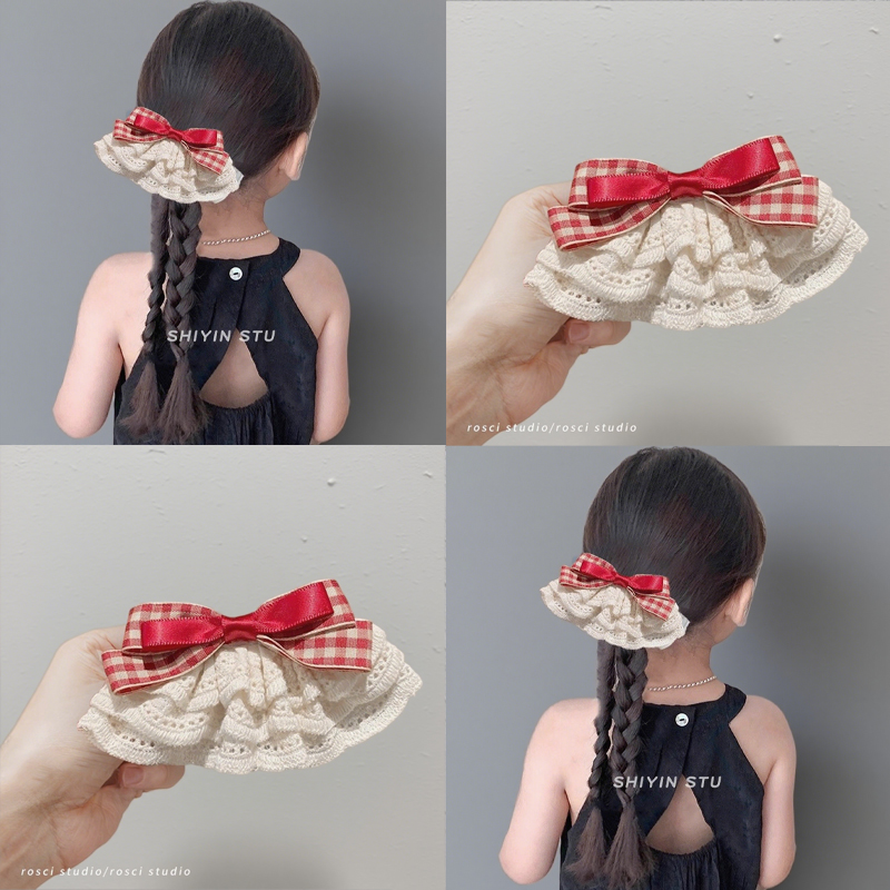 儿童甜美红色格子裙摆发夹女