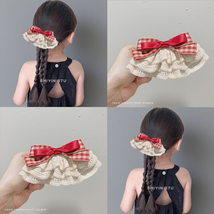 儿童甜美红色格子裙摆发夹女童可爱后脑勺发卡侧边夹子新年发饰品