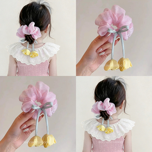 儿童森系粉色网纱花朵大肠发圈新款女童扎丸子头发绳宝宝上学头饰