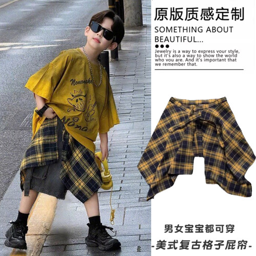 儿童美式嘻哈格子屁帘新款