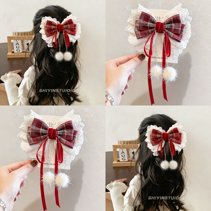 儿童酒红格纹毛球蝴蝶结发夹女童后脑勺流苏飘带顶夹发卡圣诞发饰