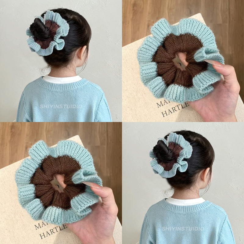 儿童蓝咖花朵毛线针织大肠发圈