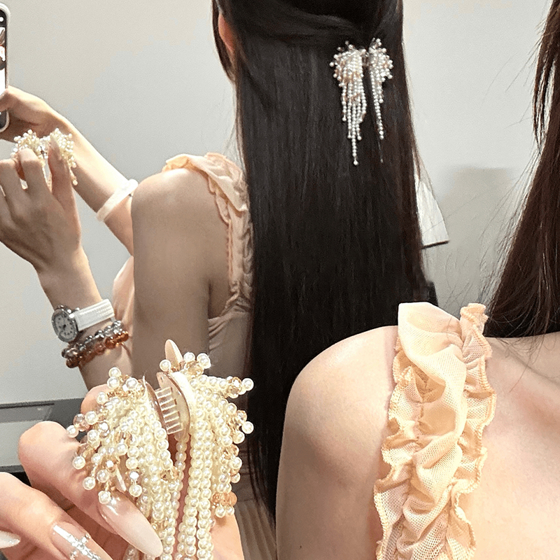 千金风珍珠流苏抓夹超仙串珠蝴蝶结发夹小号复古发量少鲨鱼夹发饰