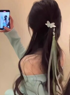 古风蝴蝶飘带发夹头饰新中式丝带绑发鸭嘴夹马尾夹超仙流苏发卡女