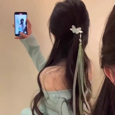 古风蝴蝶飘带发夹头饰新中式丝带绑发鸭嘴夹马尾夹超仙流苏发卡女