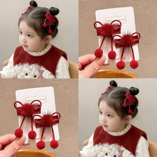 儿童红色毛球蝴蝶结发夹秋冬宝宝可爱汉服头饰侧边发卡子新年发饰