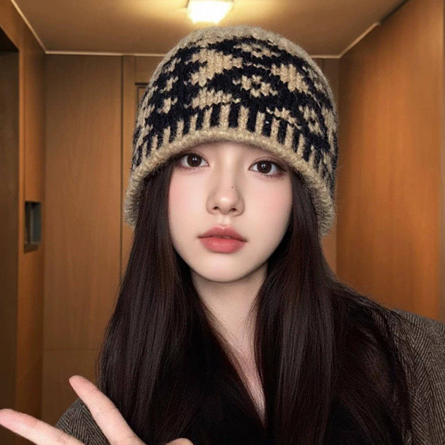 复古格纹针织水桶帽子女款图片