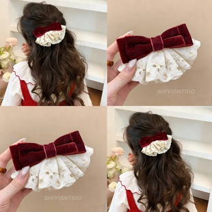 儿童法式红色蕾丝蝴蝶结裙摆发夹新款女童半扎发夹子新年圣诞发饰
