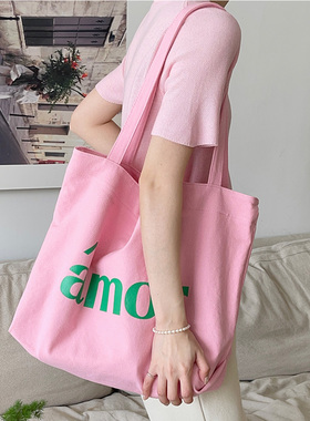 韩版休闲小众字母印花撞色帆布女包粉色少女ins时尚小清新单肩包