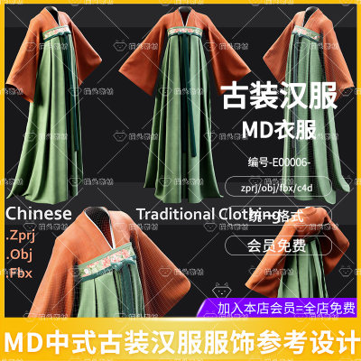 MD传统女士汉服服饰c4d传统服装打版衣服3d模型C4D建模fbx素材obj