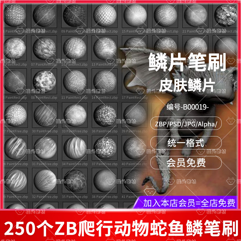 zbrush爬行动物蛇鳞片鱼鳞恐龙鳞蜥蜥蜴皮肤笔刷zb龙鳞笔刷zb鱼鳞
