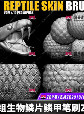 ZBrush 10组鳞片鳞甲笔刷｜写实 生物皮肤笔刷材质纹理材质笔刷