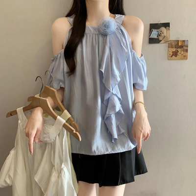 实拍大码女装夏季新款显瘦设计感小众荷叶边露肩气质温柔短袖上衣