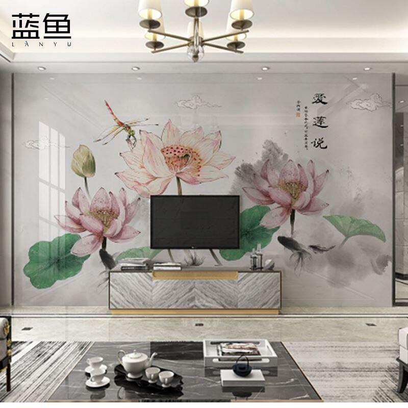 蓝鱼3d新中式荷花电视背景墙壁纸富贵工笔水墨墙纸客厅壁画墙布.