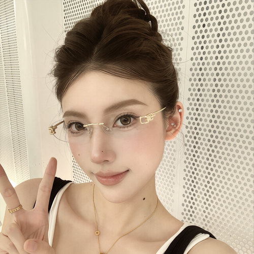 2026新款高智感无框眼镜老钱风y2k辣妹网红明星素颜椭圆平光眼镜