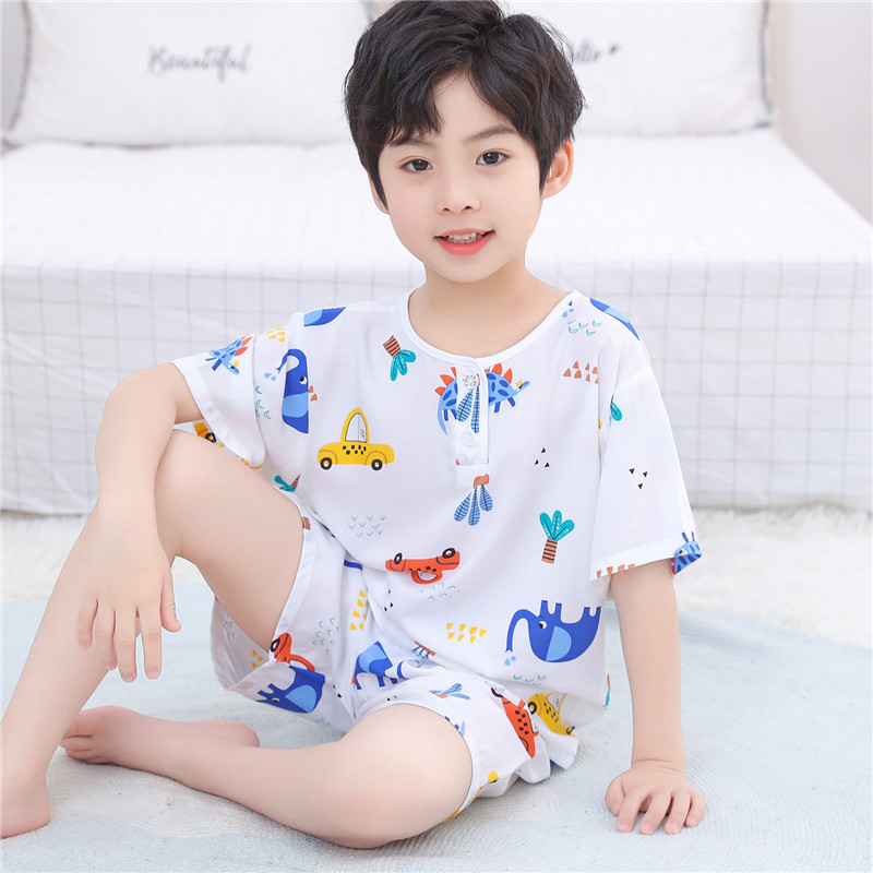 儿童棉绸睡衣夏季薄款男童女童短袖短裤男孩宝宝绵绸透气家居套装