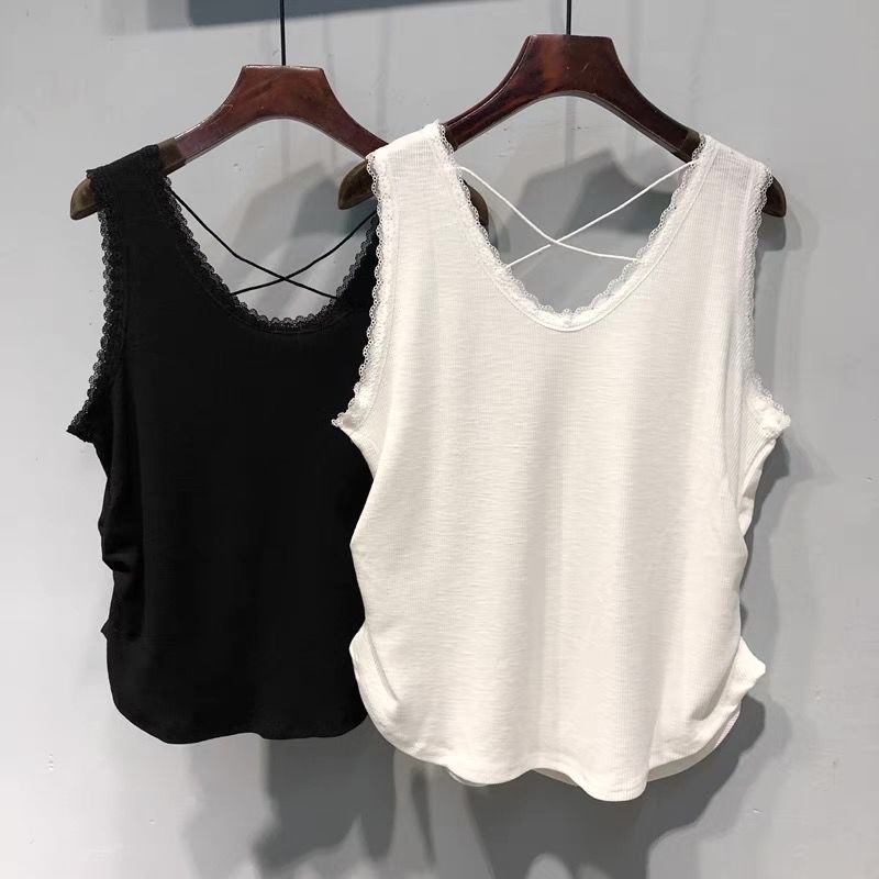 莫代尔棉春夏蕾丝边吊带背心女大码胖mm外穿内搭美背打底无袖上衣