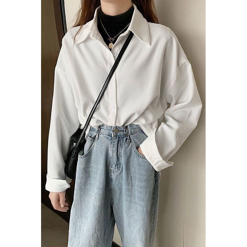 2025秋季简约纯色长袖加厚衬衫女韩版宽松百搭小众洋气外穿衬衣
