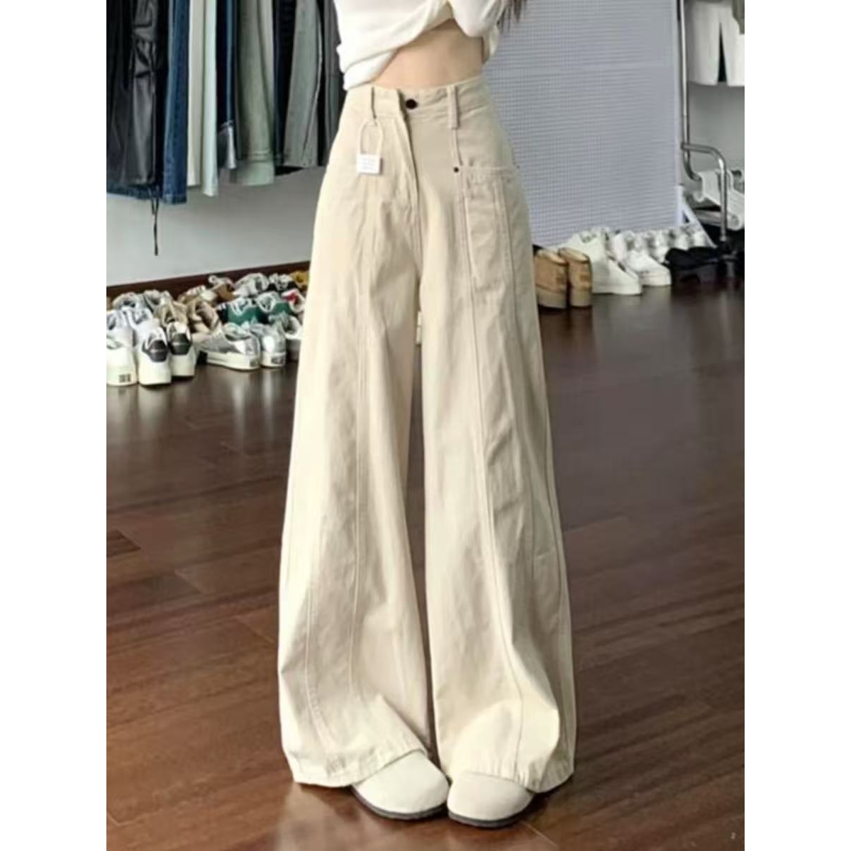 美式小个子145杏色工装牛仔裤女秋季高腰宽松阔腿显瘦直筒拖地裤